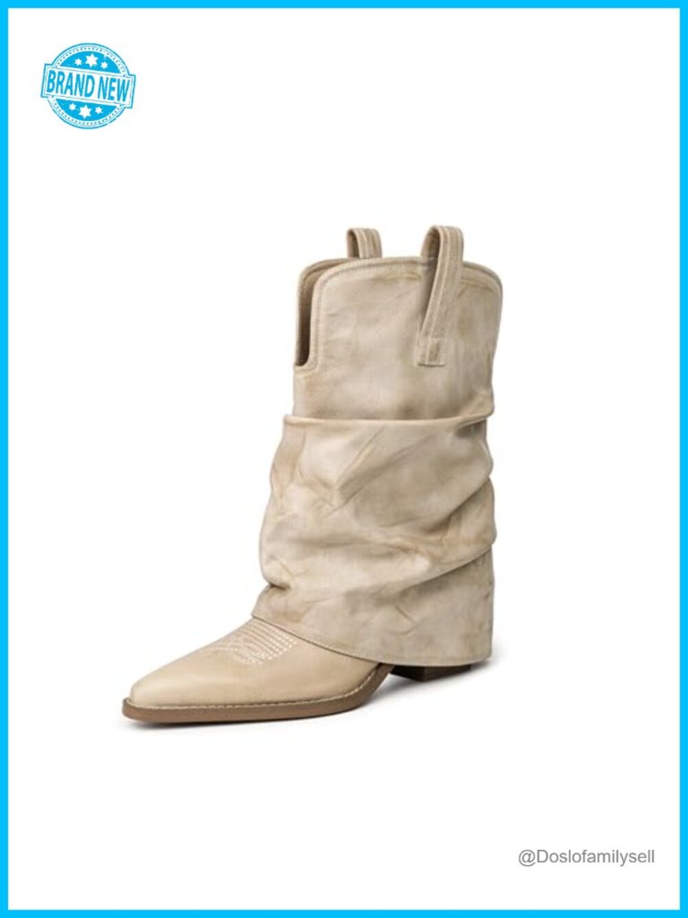 Faux Leather Mid Calf Western Cowboy Boots Pointed Toe Slouchy Pull On - Picture 1 of 6